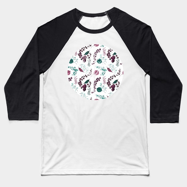 Burgundy and Green Abstract Leaves Pattern Baseball T-Shirt by cesartorresart